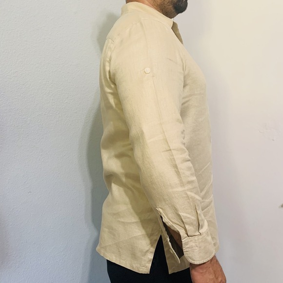 Lauren Ralph Lauren Men 100% Linen Convertible Long Sleeve Light Yellow Shirt L - Picture 7 of 10